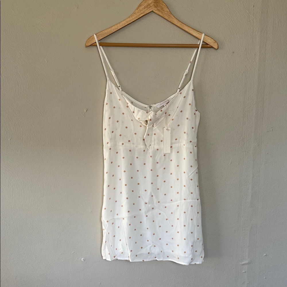 NWT Olivaceous Cream and Tan Polka Dot tie front Dress Medium